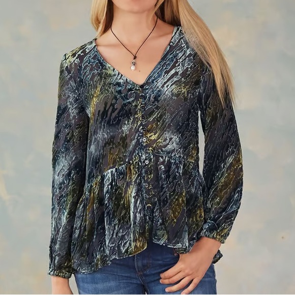 Sundance Velvet Riches Blouse Size Medium Blue Green Burnout Peplum Feminine - Picture 1 of 13